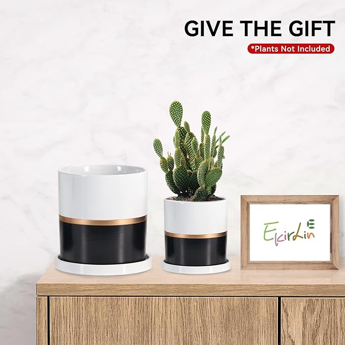 Ekirlin 6 inch Plant Pot - Ceramic Flower Planters Indoor - Modern Succulents Containers with Drain Hole Saucer, Decorate Home, Office & Outdoor (Black)