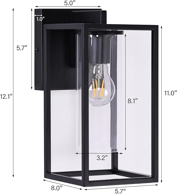 Pia Ricco Outdoor Wall Lights, Outdoor Wall Lantern with Circular Clear Glass Shade, Waterproof Exterior Lighting Fixtures, Modern Front Porch Lighting for House, Garage, E26 Base, ETL Listed, Black