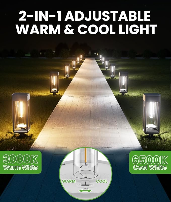 Bright Solar Lights Outdoor 4 Pack, 2-in-1 Warm&Cool Solar Pathway Lights Waterproof IP65, Auto On/Off, Long Lasting Outdoor Light for Yard Patio Garden Decor Landscape Lighting