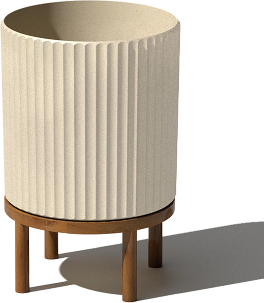 Veradek Demi Series Round Planter w/ Stand for Porch/Patio | Durable Plastic-Concrete & Wooden Stand | Modern Décor for Tall Plants, Flowers