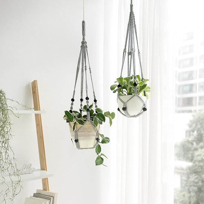 Mkono Macrame Plant Hanger Indoor Hanging Planter Basket with Wood Beads Decorative Flower Pot Holder No Tassels for Indoor Outdoor Boho Home Decor 35 Inch, Gray, Set of 3 (POTS NOT Included)