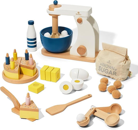KiwiCo Bake-a-Cake Stand Mixer | Play Kitchen | Kids Baking Set Ages 3+ | Learn Early Math with Wooden Kitchen Play Set | Includes Ingredients, Stand Mixer, Measuring Spoons, Recipe Cards and More