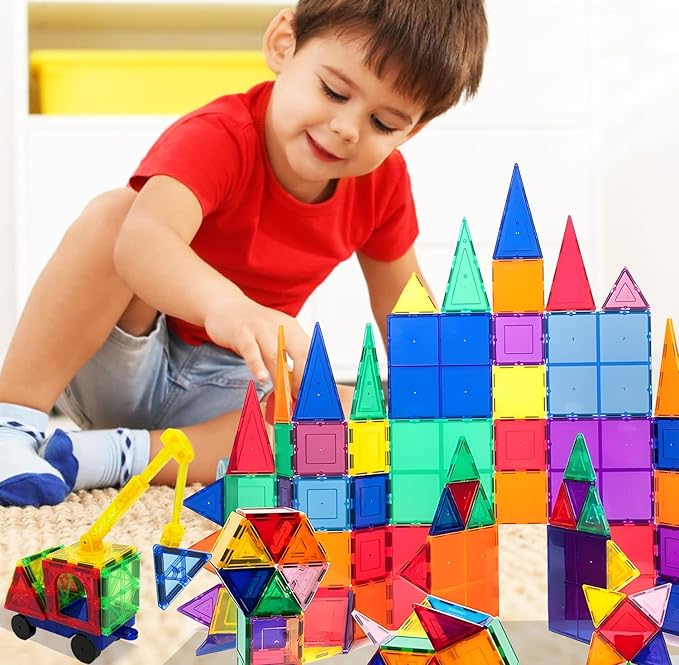 60PCS Kids Magnetic Tiles with 1 Car and 1 Crane - Clear 3D Magnet Blocks Set STEM Stacking Toys - Magnetic Tiles for Kids Ages 3+ - Recreational Conventional Imagination