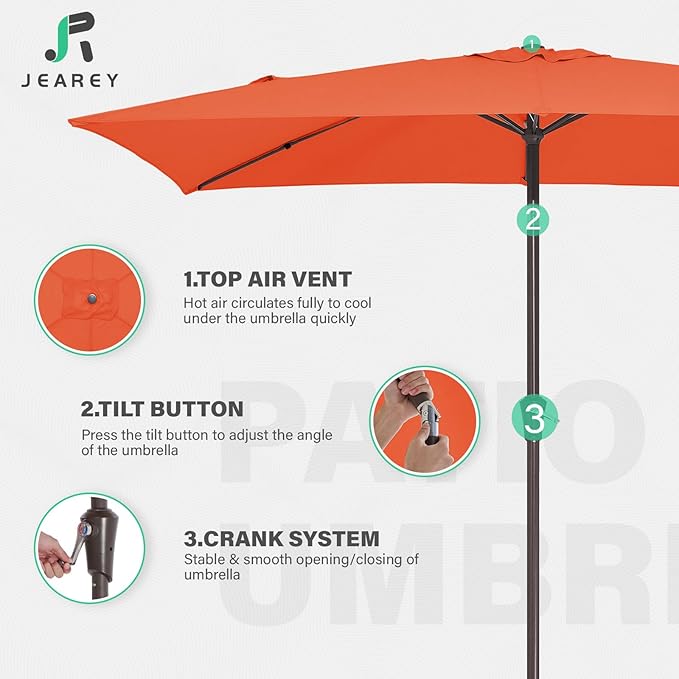 JEAREY 6.5x10 ft Rectangular Patio Umbrellas Outdoor Market Umbrella with Push Button Tilt and Crank, Rectangle Table Umbrella 6 Sturdy Ribs UV Protection for Pool Garden Backyard Deck, Orange