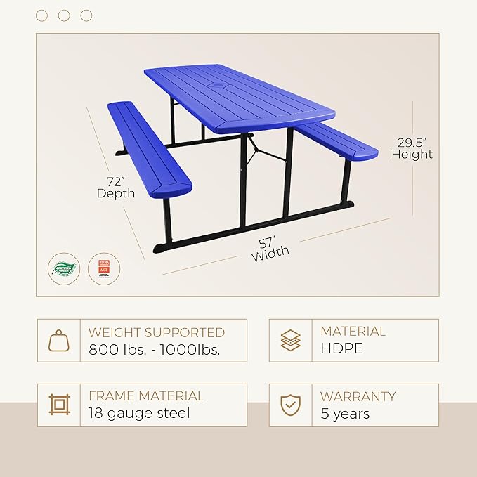 OEF Furnishings Heavy Duty Blow Molded Folding Picnic Table - Blue, Black Fram