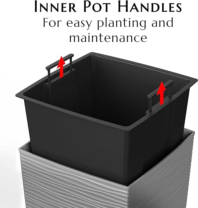 Mueller M-Resin Heavy Duty Tall Planter, Indoor/Outdoor Grande Plant, Tree, Flower Pot, 2-Piece Set, 18”, Modern Design, Built-in Drainage, Light Grey