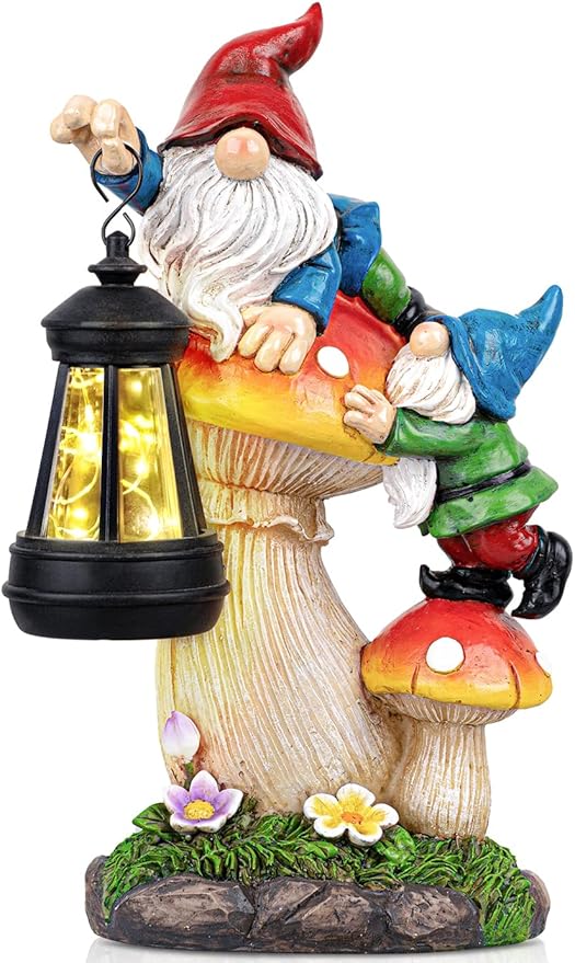 Solar Garden Statue Gnomes Figurine Lights,Funny Gnomes Standing on Mushrooms with Lanterns, with Lanterns Outdoor Yard Decorations for Patio Porch Home, Garden Gifts for Women Mom