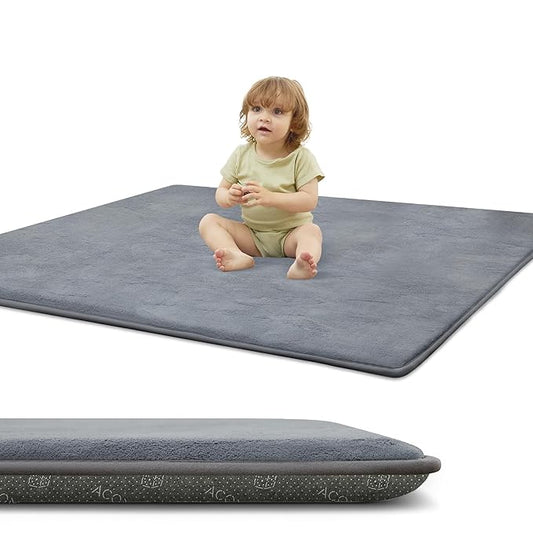 ACOMOPACK 1.3" Thick Baby Play Mat for Floor 59x71-Large Water-Repellent&Non-Slip Memory Foam Mat for Kids,Toddlers,Soft Velvet Nursery Rug for Tummy Time&Crawling,Yoga,Tatami Style(Grey)