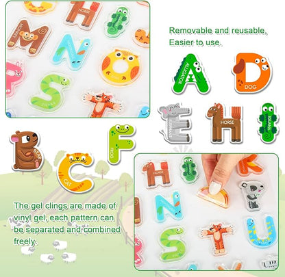 Whaline 52Pcs Alphabet Letters Thick Gel Clings Cute Animals Alphabet ABC Window Gel Decals Colorful Uppercase Animals Stickers for Toddlers Educational Spelling Learning Home Classroom Nursery Decor