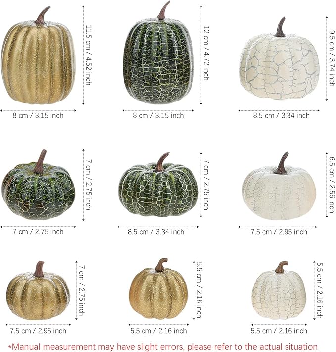 9 Pcs Pumpkins for Decorating,Fall Decorations,Artificial Foam Pumpkin for Autumn Harvest Thanksgiving Halloween Table Decor (Green&White&Gold)