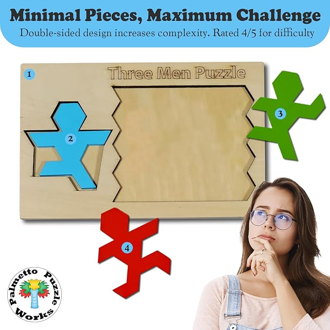 Palmetto Puzzle Works Three Men Puzzle – Wooden Puzzles for Teen' & Adults, Educational Games for Families & Unique Gift Ideas for Classroom Games, Shape and Pattern Brain Teaser Puzzles for Ages 14+