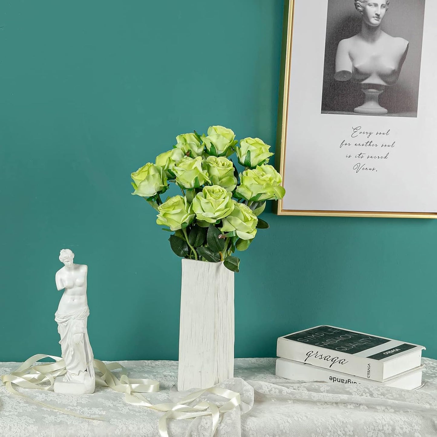 Hawesome 12PCS Artificial Silk Flowers Realistic Roses Bouquet Long Stem for Home Wedding Decoration Party (Green)