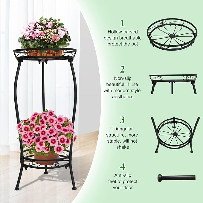 Plant Stand Indoor Outdoor,2 Tier 27inTall Metal Potted Holder Rack Flower Pot Stand Heavy Duty Plant Shelf Rustproof Iron Multiple Plant Round Supports Rack for Planter Corner Garden Balcony Patio
