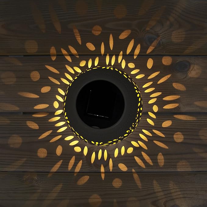 Solar Table Light Outdoor Waterproof- Solar Powered LED Lamp Hollowed-Out White Metal Desktop Decorative Lantern for Indoor Desk Bedroom Patio Garden Pathway Yard