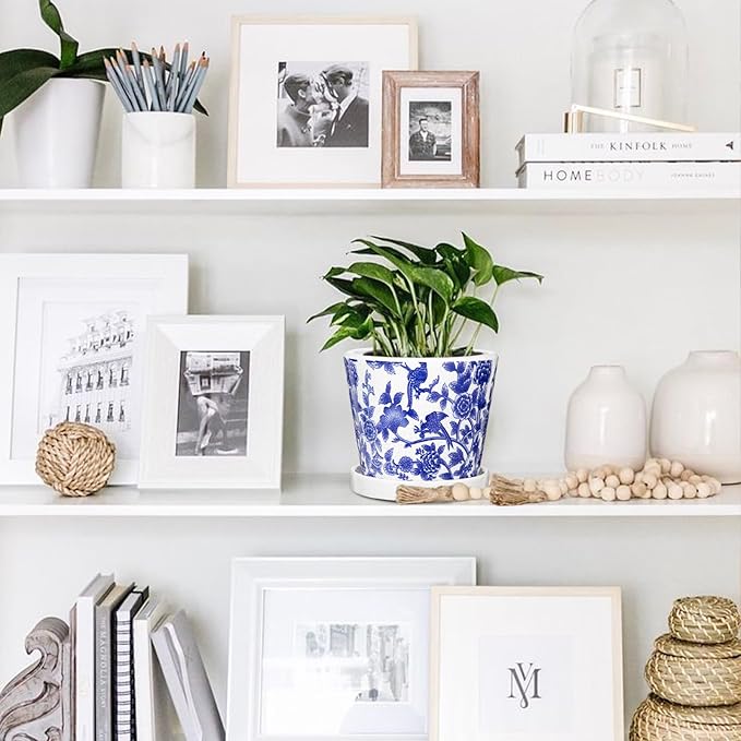 Blue and White Ceramic Pots for Plants, 4.8" + 5.5" Decorative Plant Pots Round Ceramic Planters for Indoor Plants Pots with Drainage Hole Saucers, Retro Planter Pot for Succulents Cactus Flower Pots