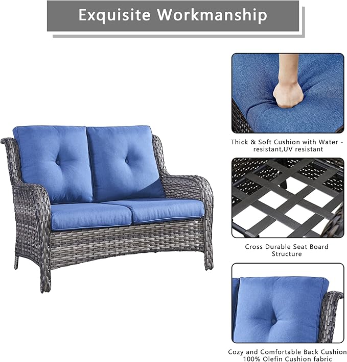 Outdoor Wicker Patio Furniture Set - 6 Piece Rattan Patio Conversation Set with 2 Rocking Swivel Chairs,2 Ottomans,1 Loveseat and 1 Coffee Table for Porch Deck Backyard Garden(Mixed Grey/Blue)