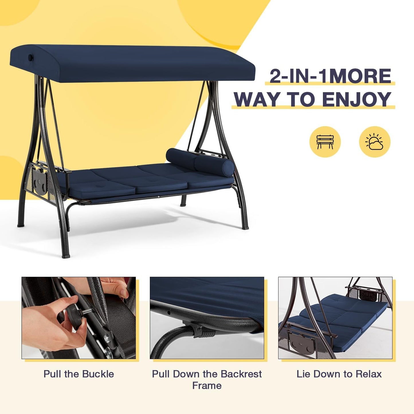 HOMREST 3 Person Outdoor Porch Swing with 1.5" Upgraded Cup Holder, Adjustable Canopy, Backrest, Patio Swing Bed with Weather Resistant Steel Frame, Cushions for Garden,Deck and Poolside(Blue)