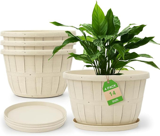 Quarut 14 Inch Plastic-Flower-Pot-for-Indoor-Plants, 4 Pack Large Outdoor Planter Pot with Drainage Holes & Saucers, Resin Decorative Garden Pots Planters（Beige）