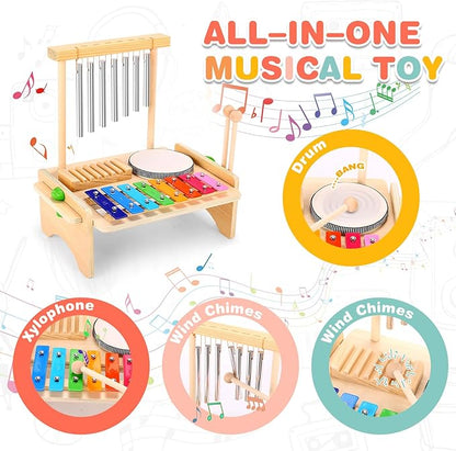 Kids Drum Set for Toddlers, Montessori Musical Instruments Toys, Toddler Drum Set Wooden Xylophone Musical Toys Birthday for Children Boys and Girls