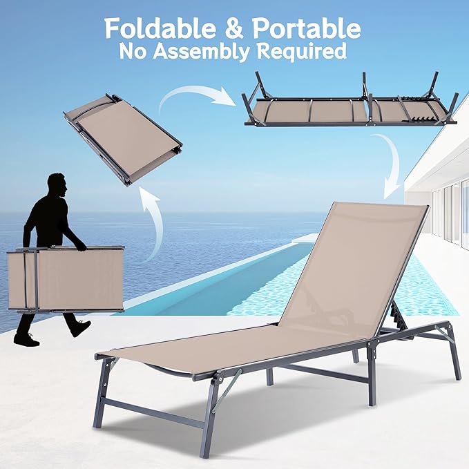 Outdoor Chaise Lounge Chair, Foldable & Assemble-Free, 6 Adjustable Positions, Durable Rust-Resistant Frame, Portable Outdoor Pool Lounge Chairs for Pool Patio Beach, Khaki