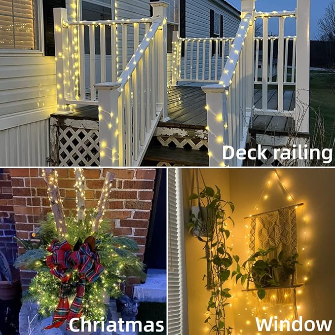 YEGUO Solar Fairy Lights Outdoor Waterproof, 4 Packs Each 33ft 100 LED String Lights Warm White, 8 Modes Silver Wire Twinkle Lights