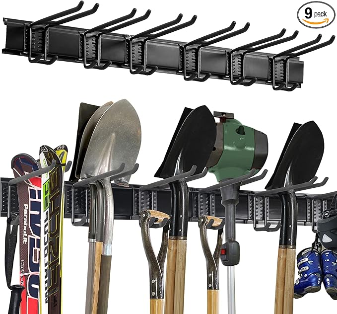 Wall Mount Tool Storage Rack, Heavy Duty Garage Storage Tool Organizer, Garden Tool Wall Hooks and Hangers, Hold Up to 350lbs Black