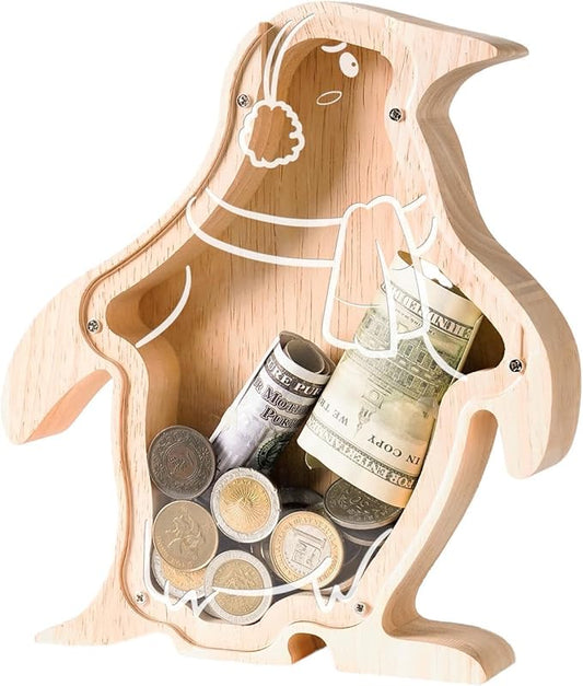Wooden Penguin Piggy Banks for Kids Money Coin Bank, Cute Unbreakable Piggy Bank Kids Safe Money Box, Toddler Birthday Baptism Gifts for Girls Boys Penguin Lovers, Small