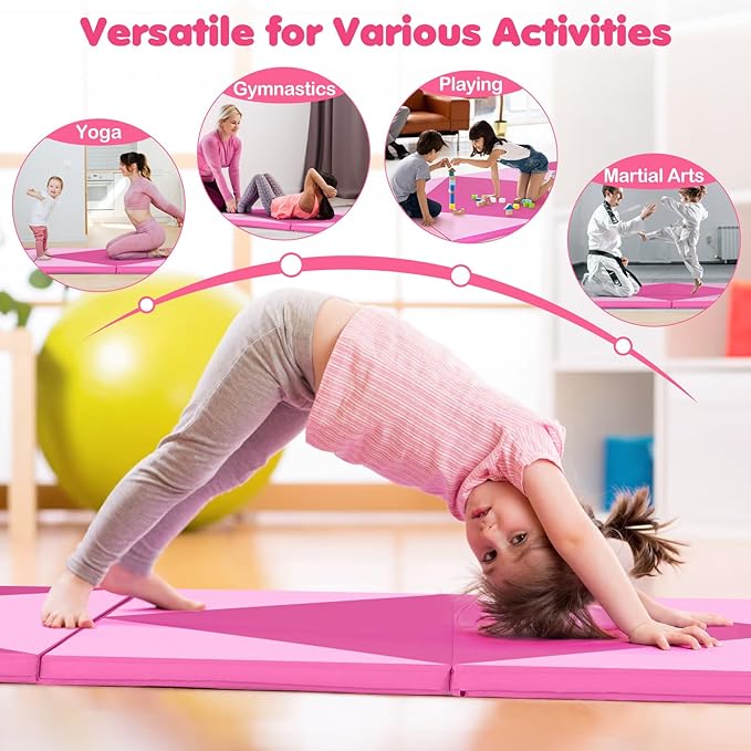 Giantex 4'x10'x 2" Gymnastics Mat, 4-Panel Folding Aerobics Exercise Mat w/Hook & Loop Fastener, Carrying Handle, Portable Tumbling Mat for Stretching Yoga Cheerleading Martial Arts