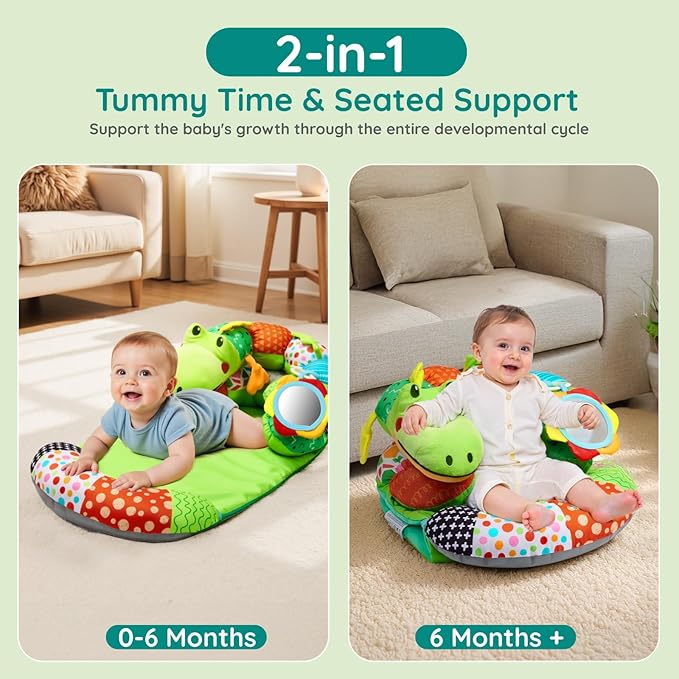 Lilian&Gema 2-in-1 Baby Tummy Time Mat & Support Pillow for Newborns and Babies, Adorable Alligator Design with Detachable Tummy Time Pillow, Soft Tummy Time Mat for Neck & Muscle Development