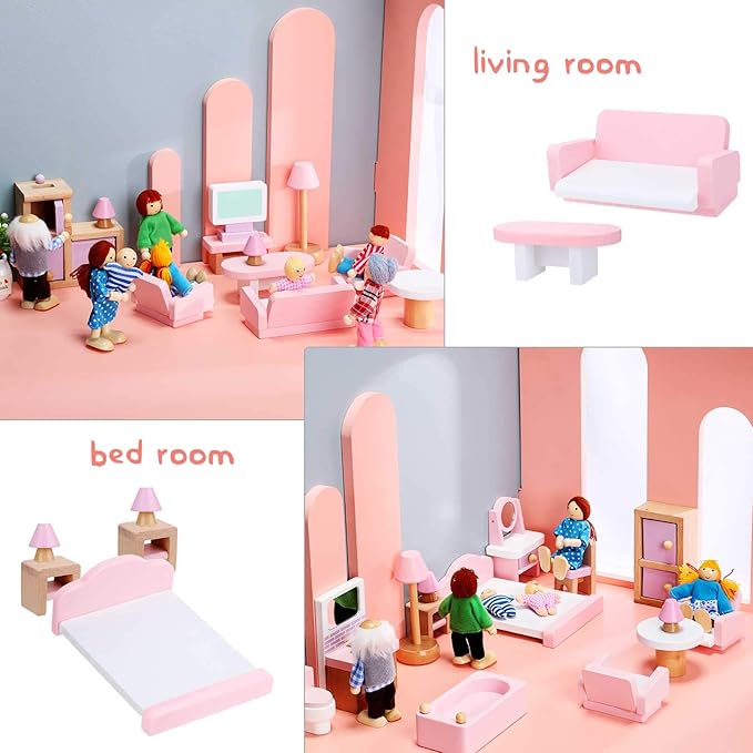 Sumind 30 Pcs Wooden Dollhouse Furniture Dollhouse Family Set of 8 Mini People Figures Dollhouse Accessories for Miniature Imaginative Play Toy