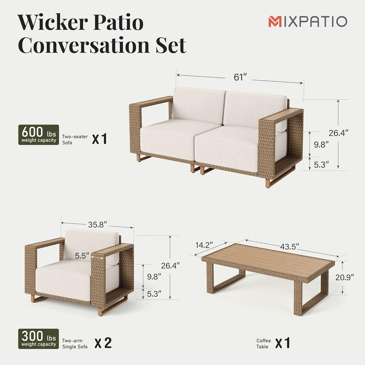 Outdoor Patio Furniture Set, 5 Piece Outdoor Rattan Wicker Sofa Couch, Conversation Set with 2 Single Sofa, 2 Armchairs and Coffee Table for Deck Backyard Lawn