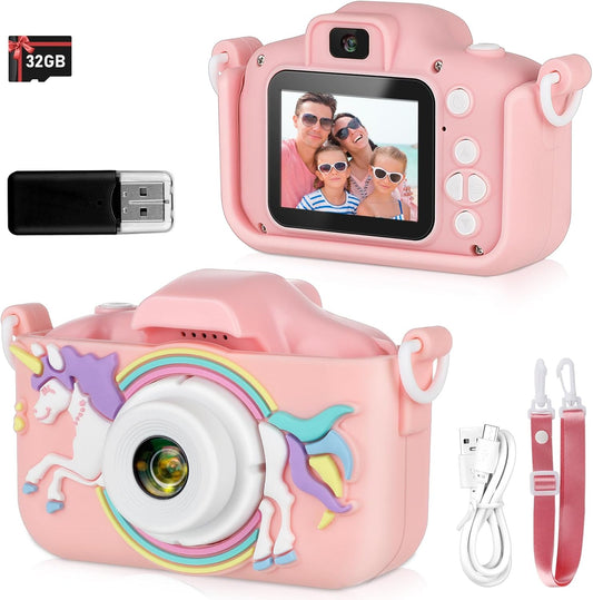 Kids Camera,HD Digital Video Camera with Protective Cover,Childrens Toys for 3 4 5 6 7 8 9 Year Old Boys/Girls,Selfie Camera for Kids,Christmas Birthday Gifts with 32GB SD Card (Unicorn Pink)