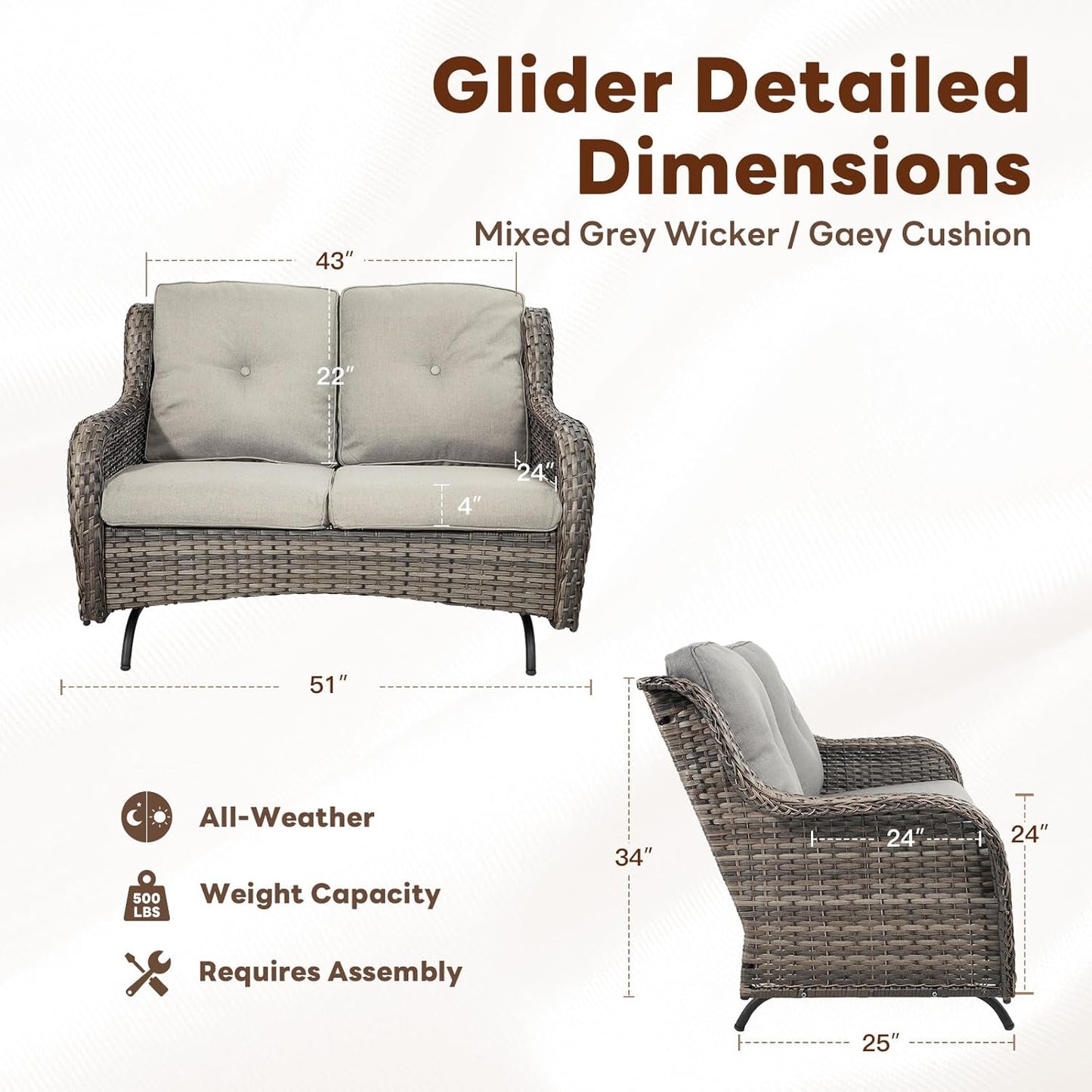 Spacious Outdoor Glider Bench - 500 LBS Weight Capacity Small Loveseat, 2 Seater Patio Gliders Furniture All Weather Wicker Couch with Removable Cushion for Deck Sunroom Balcony Backyard