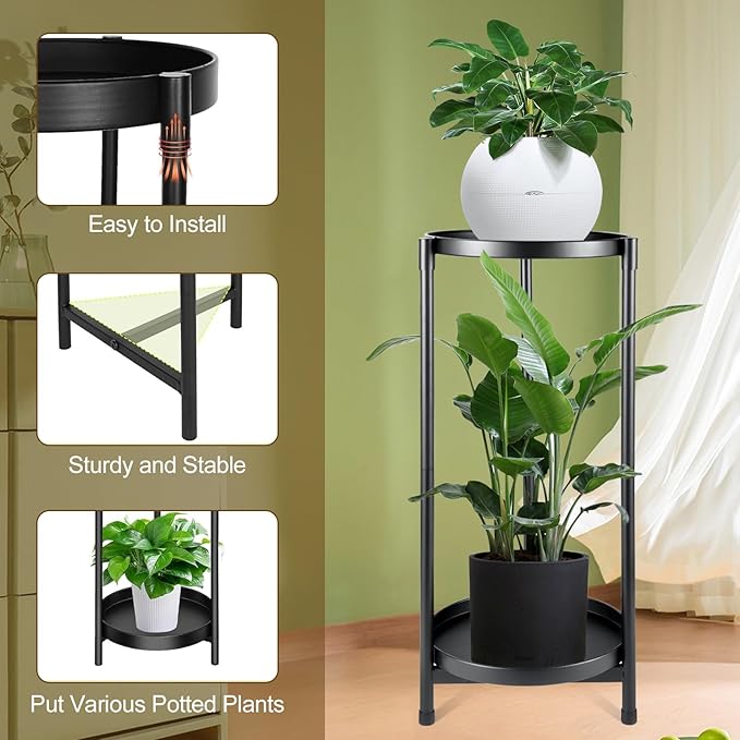 Metal Plant Stand Indoor Outdoor,2 Tier Black Tall Corner Flower Pot Holder Stands,Multiple Tiered Wrought Iron Planter Shelves for Patio Living Room Balcony Office (2 tierd)