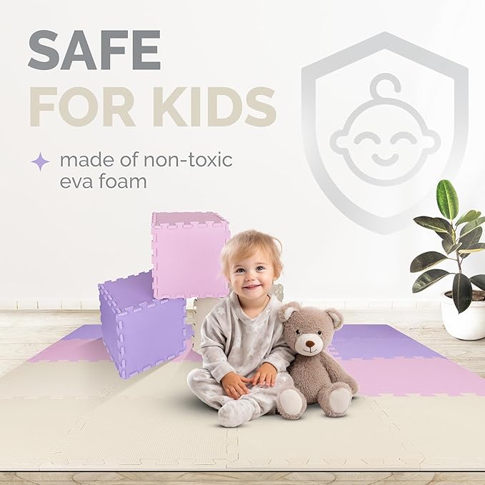 TOYVELT Ultimate Foam Play Mat Set 12x12-16 Interlocking Floor Tiles for Kids - Non Toxic, Colorful Foam Puzzle Mats - Safe and Durable - Ideal Play Mat for Toddlers 1-3 - Pink-Purple-Beige
