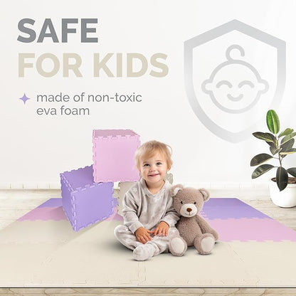 TOYVELT Ultimate Foam Play Mat Set 12x12-16 Interlocking Floor Tiles for Kids - Non Toxic, Colorful Foam Puzzle Mats - Safe and Durable - Ideal Play Mat for Toddlers 1-3 - Pink-Purple-Beige