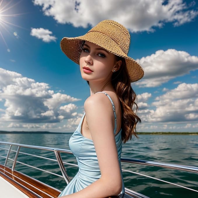 Womens Straw Beach Sun Hats, Foldable Packable Floppy Handmade Crochet Hats for Women,Large Summer Vacation Wide Brim Hat