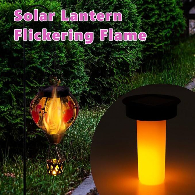 Flamingo Solar Hot Air Balloon Flickering Flame Hanging Garden Light,Glass Hot Air Balloon Solar Lanterns Outdoor Waterproof for Patio Tree Yard Decor,Flamingo Lantern Birthday Gifts for Women