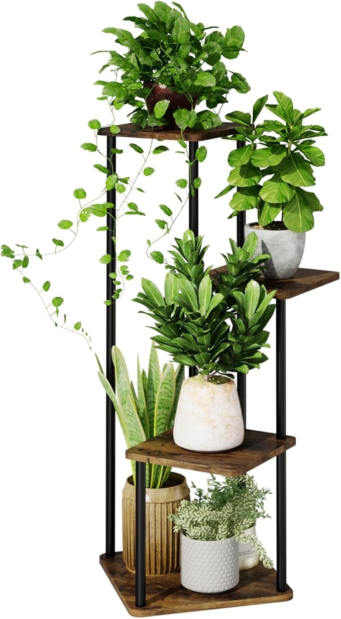 4 Tiered Plant Stand Indoor Corner Plant Shelf for Multiple Plants for Patio Garden Balcony Living Room Bedroom, Tall Metal Flower Pots Stand Relaxing for Women Gift Brown Oak