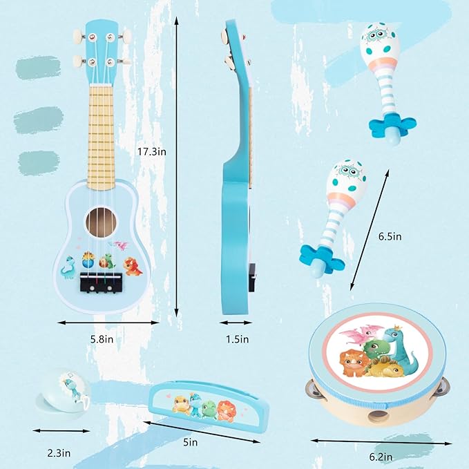 Kids Guitar for Girls, Wooden Musical Instruments Toys with Ukulele, Tambourine, Maracas, Harmonica, Mini Band Sets for Toddlers 2 3 Years Old Birthday Gift (Blue for Boys)
