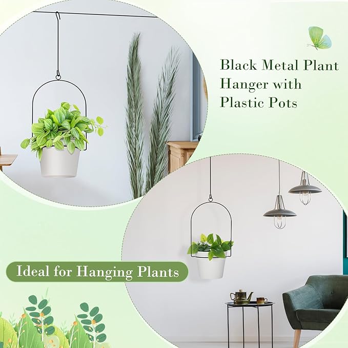 Hushee 6 Packs Metal Hanging Planters for Outdoor Indoor Plants Plant Hanger with 6.3'' Plastic Pots Hanging Planter Basket for Garden Home Porch Decor (White)