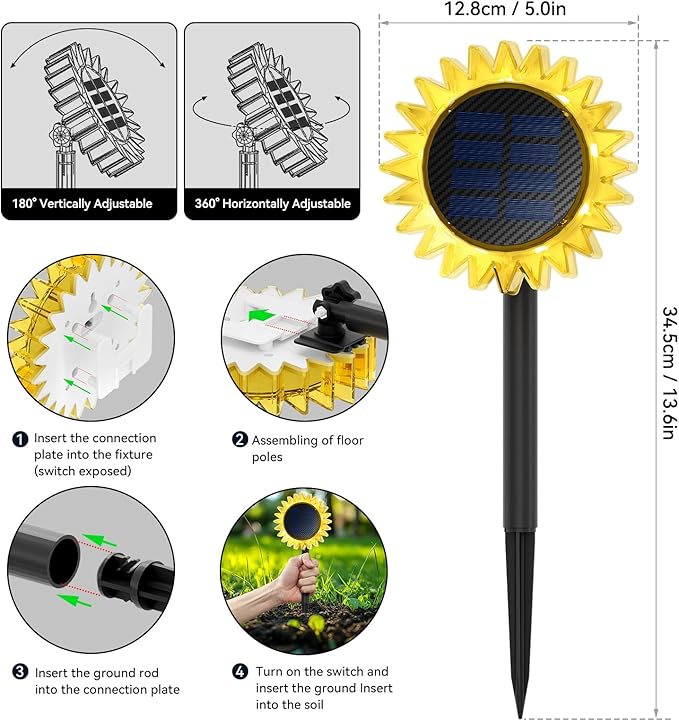 Outdoor Solar Lights, 4 Pack Led Solar Sunflower Lights, Stake/Wall 2-in-1 Waterproof Solar Garden Lights for Yard, Landscape, Fence, Patio, Driveway, Pathway, Backyard Decoration (Warm White)