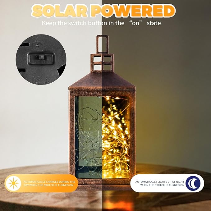 Solar Lantern Outdoor, Garden Hanging Lantern Solar Powered - Glass Waterproof Brushed Copper Solar Table Lantern Decorative Lights Flash and Steady-on Modes for Patio, Backyard, Garden