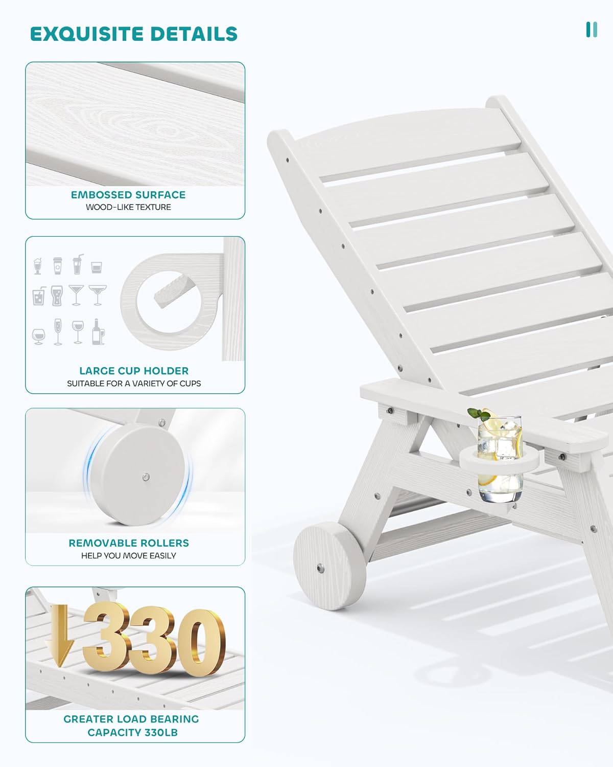 SERWALL Patio Chaise Lounge Chair Set of 2 with 9FT Patio Umbrella, 78'' HDPE Outdoor Lounger, Poly Lounge Chair with Rolling Wheels & Cup Holder for Pool,Light White (Umbreall Base not Included)