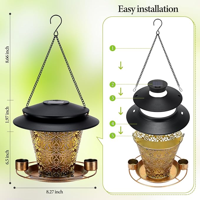 Solar Bird Feeders for Outside Hanging Metal Wild Bird Feeder Solar Lanterns Outdoor Waterproof Garden Decor for Yard Brown