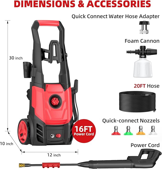 Electric Pressure Washer, 2.5 Max GPM Power Washer with Foam Cannon, Powerwasher with 4 Nozzles, High Pressure Washer for Cars, Driveways, Patios, Decks