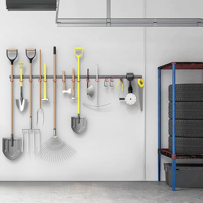 TORACK Metal Wall-Mounted Garden Tool Organizer for Garage, Mop and Broom Holder, Yard Tool Storage Rack for Rakes, Shovels, Mops, Brooms (4 Rails, 16 Hooks)