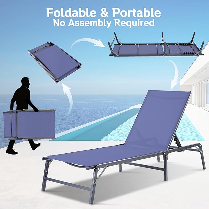 Outdoor Chaise Lounge Chair Set of 2, Foldable & Assemble-Free, 6 Adjustable Positions, Durable Rust-Resistant Frame, Portable Outdoor Pool Lounge Chairs for Pool Patio Beach, Blue