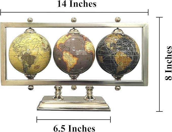 Rely+ Set of 3 4'' World Globes Sturdy Metal Silver Stand Rotating Desktop Globe For Geographic Home Decorative Desk Table Office Gift - Book Shelf Decor World Globe - Landscape
