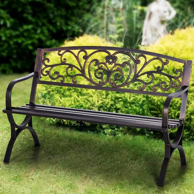 PHI VILLA 50Inch Cast Iron Steel Frame Garden Bench Patio Furniture Chair Outdoor Bench w/Floral Design Backrest, Slatted Seat for Park, Yard & Porch, Bronze